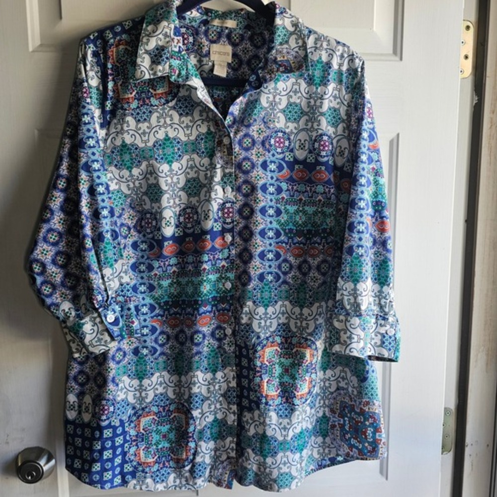 Chicos No Iron Button Down Shirt Women 3/XL Blue Green Mosaic Tile Print Pockets